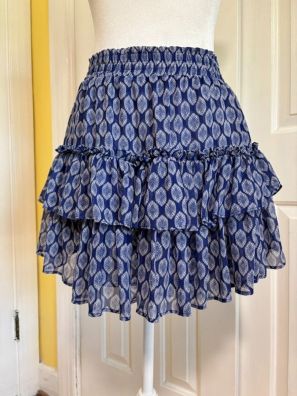 Misa Los Angeles Nahla Blue Lapis Tiered Ruffle Mini Skirt Smocked Waist Size M